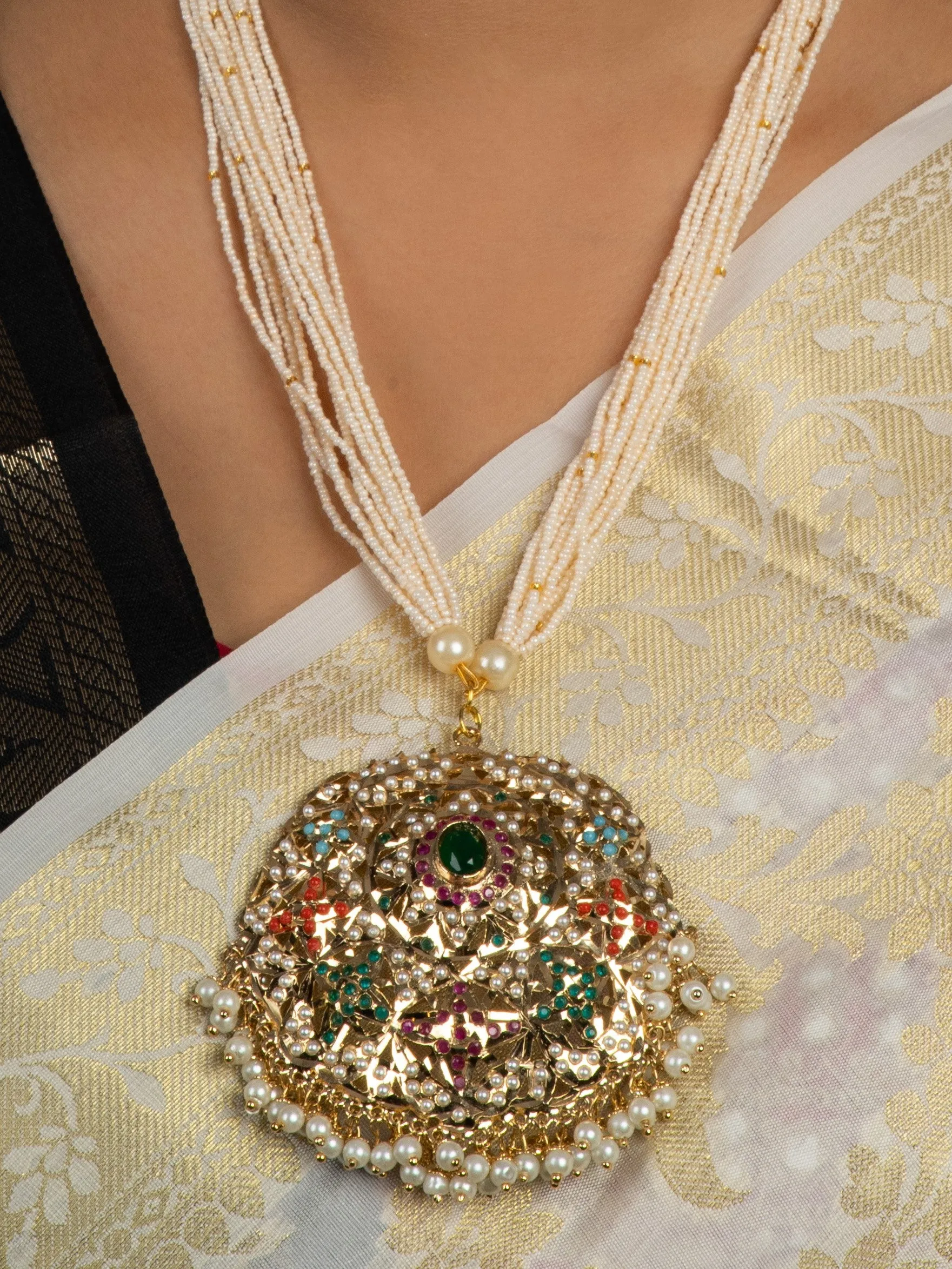 Floral Navratan Jadau Round Pendant Necklace