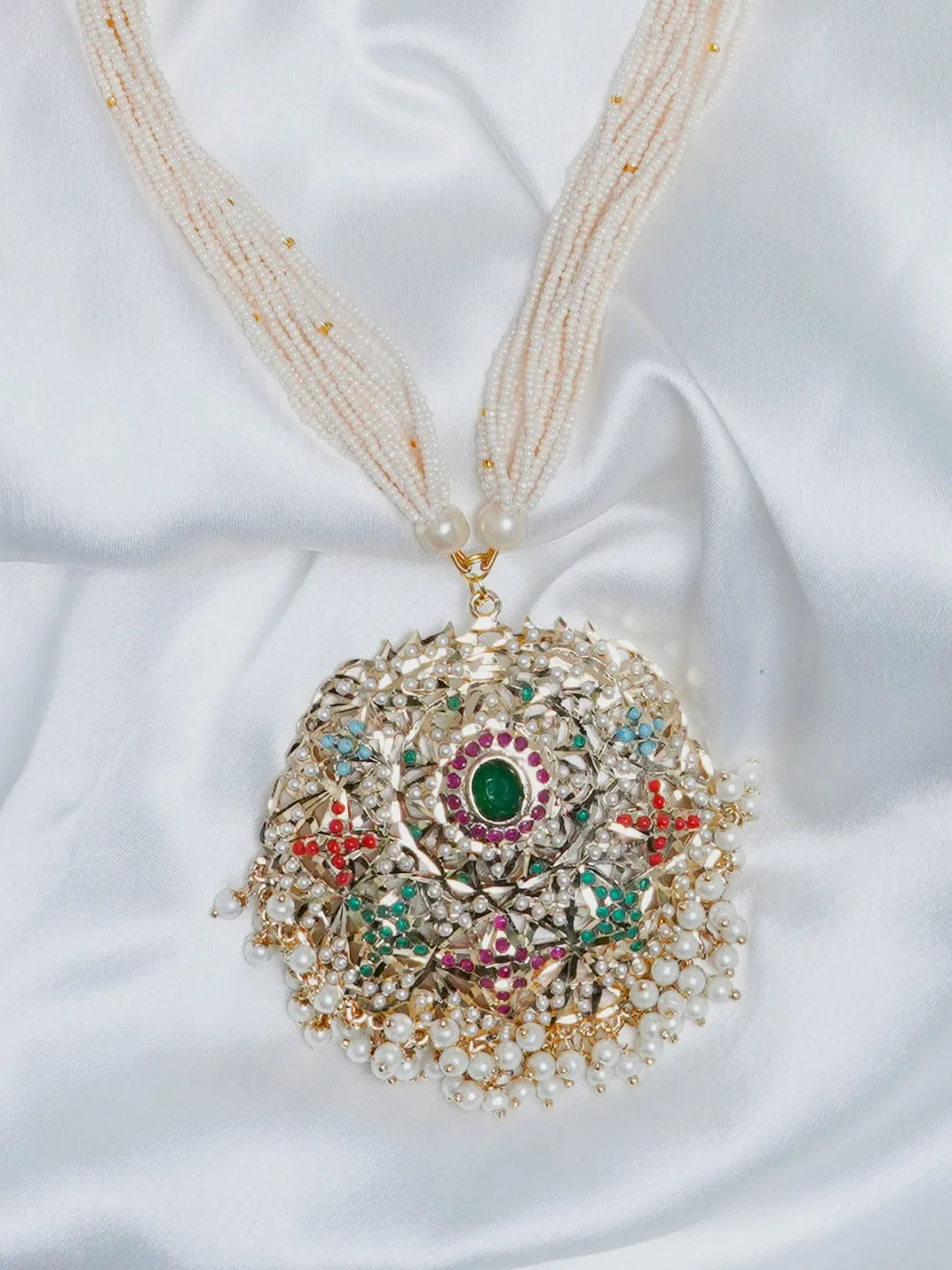 Floral Navratan Jadau Round Pendant Necklace