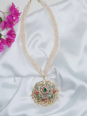Floral Navratan Jadau Round Pendant Necklace