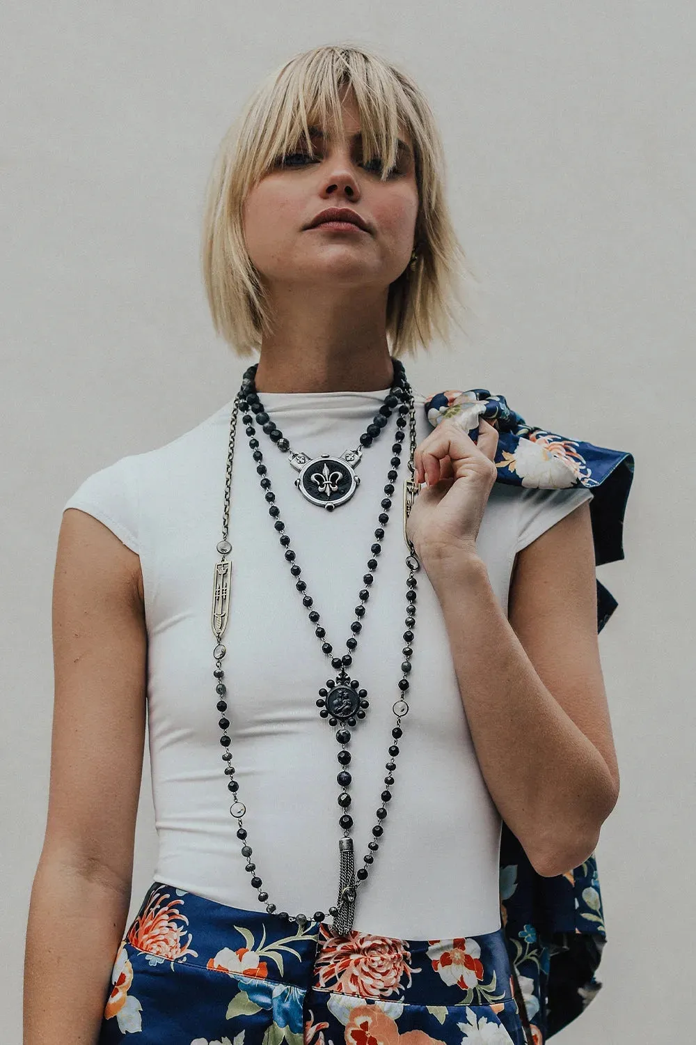 French Kande Necklace |  Dijon Bezel and Canard Fleur Stack Medallion SS1501-Z