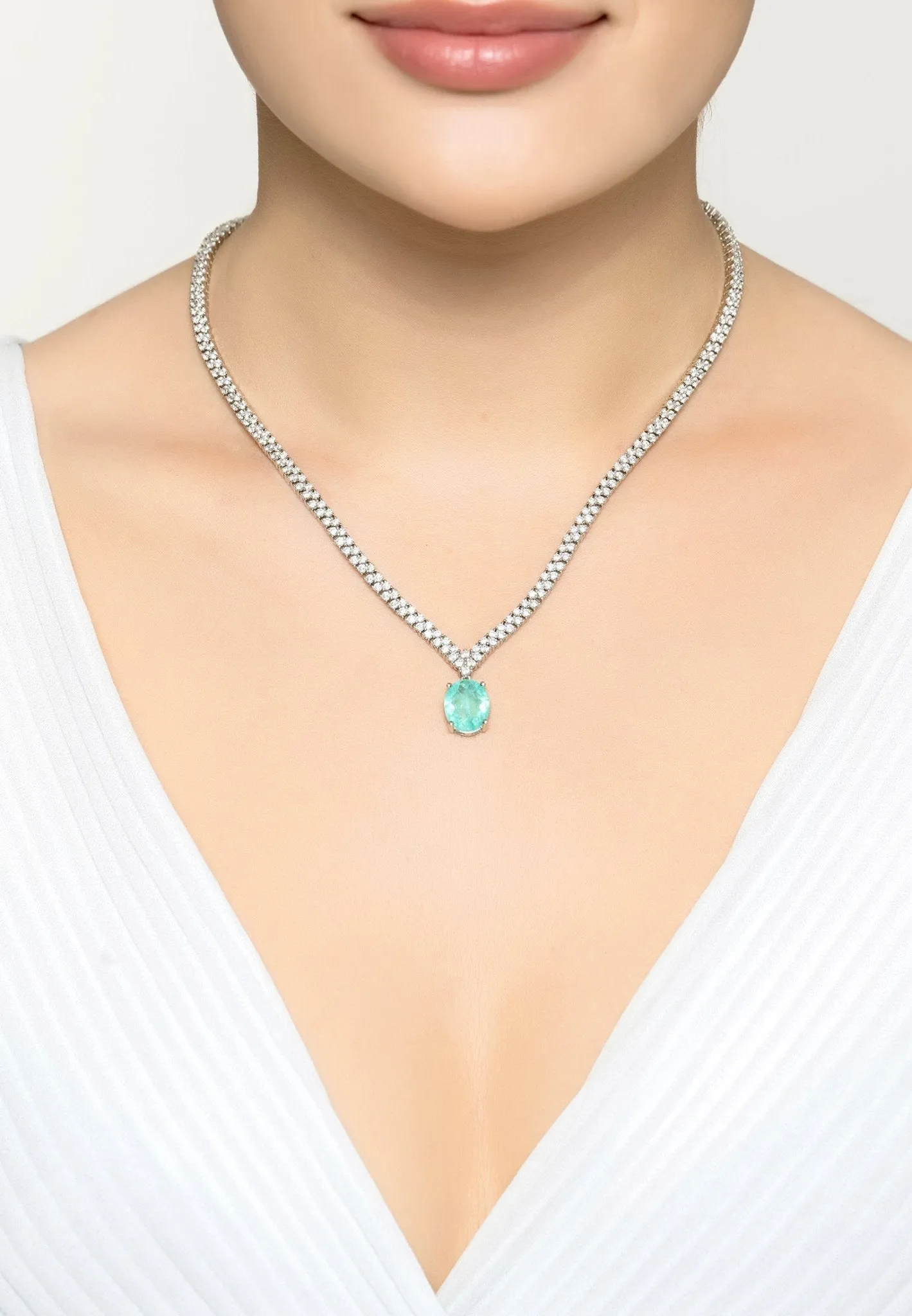 Garbo Oval Gemstone Tennis Necklace in Silver with Paraiba Tourmaline