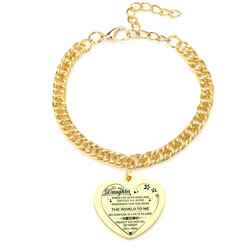 Gold Color To My Daughter Heart Pendant Thick Chain Bracelets For Women