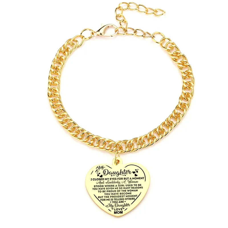 Gold Color To My Daughter Heart Pendant Thick Chain Bracelets For Women