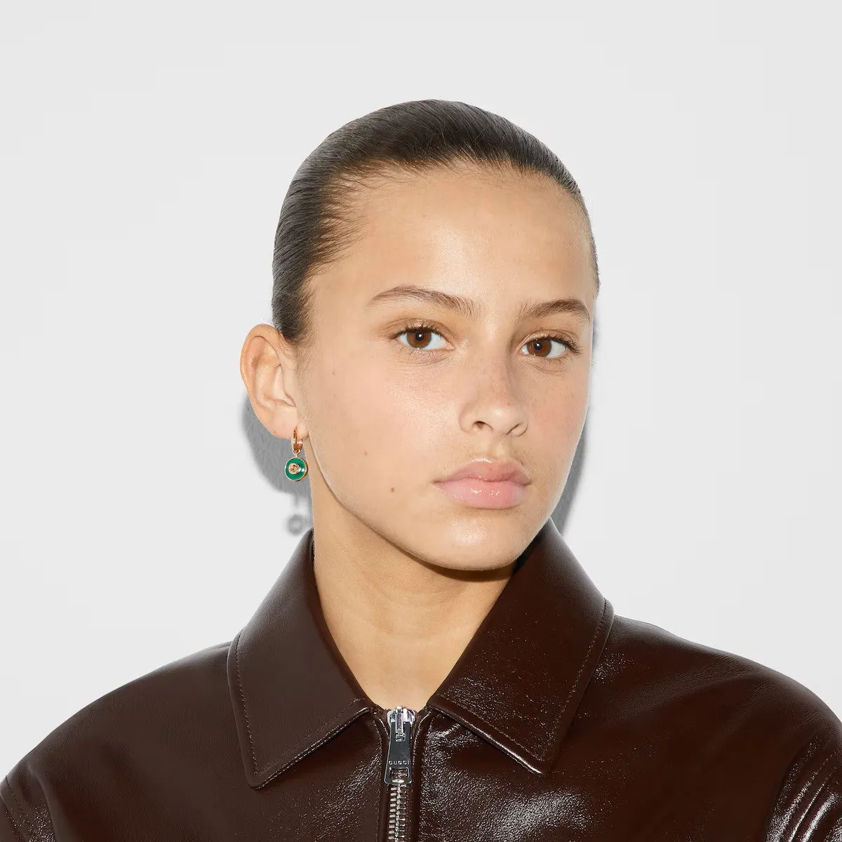 Gucci Interlocking 18ct Rose Gold Green Agate Hoop Earrings