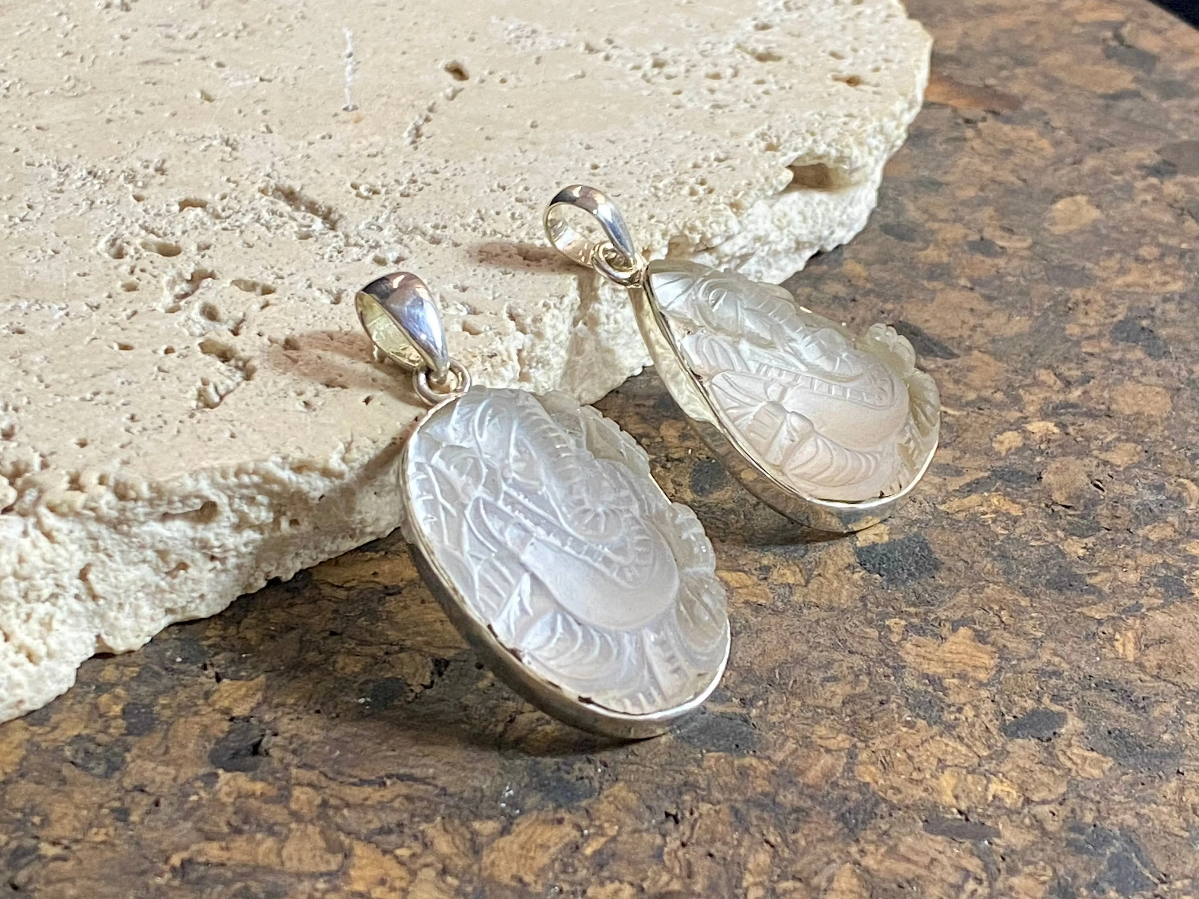 Hand Carved Clear Quartz Ganesh Pendants