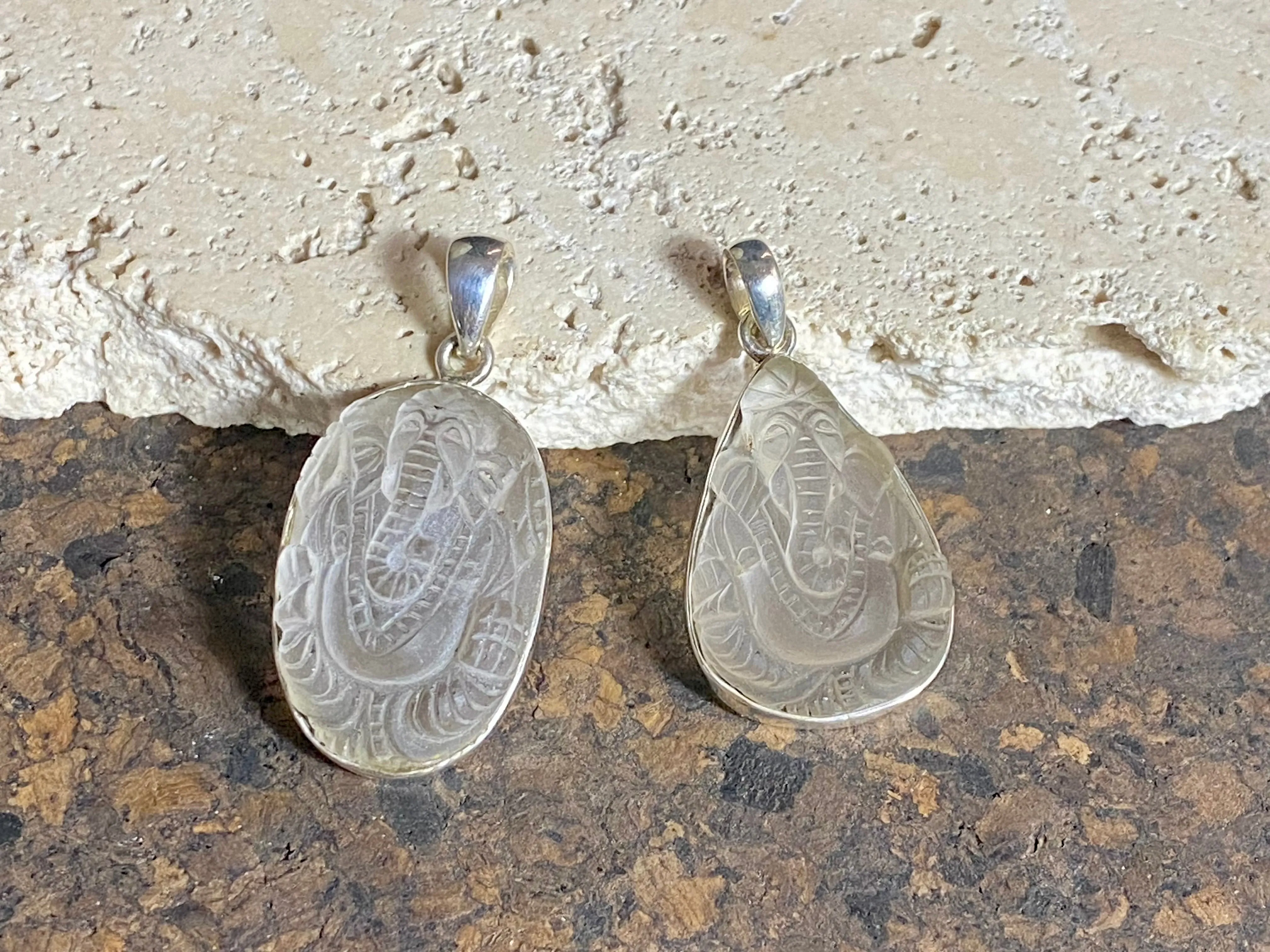 Hand Carved Clear Quartz Ganesh Pendants