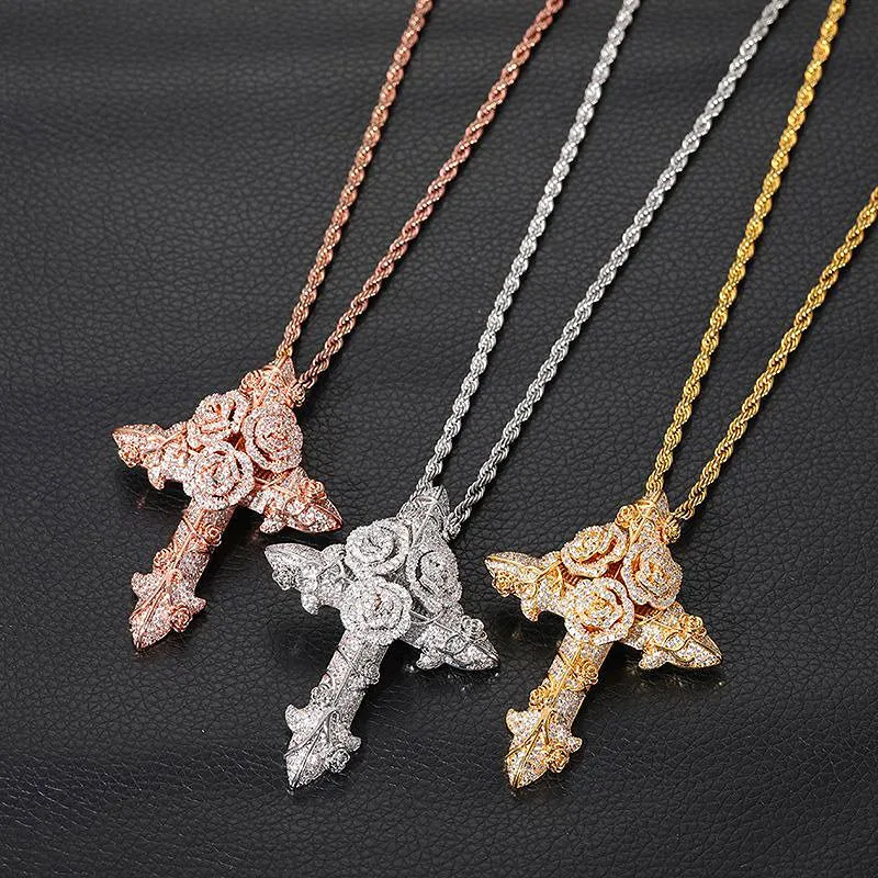 Iced Roses Cross Pendant