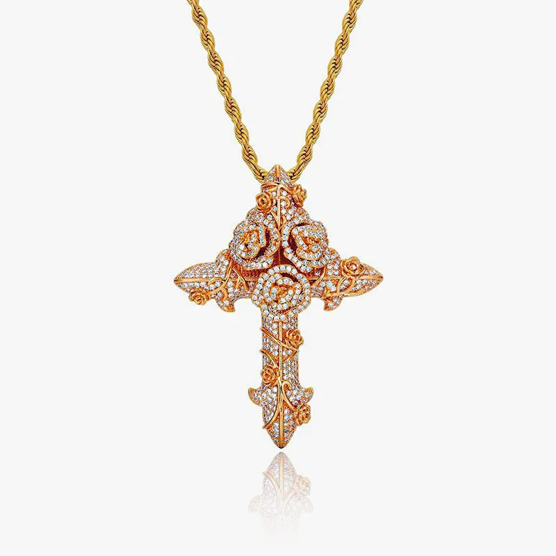 Iced Roses Cross Pendant