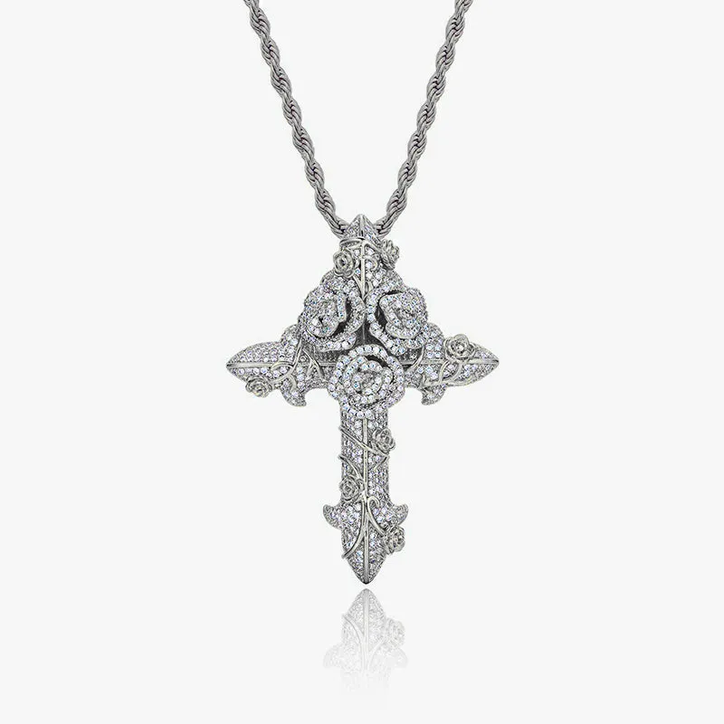 Iced Roses Cross Pendant
