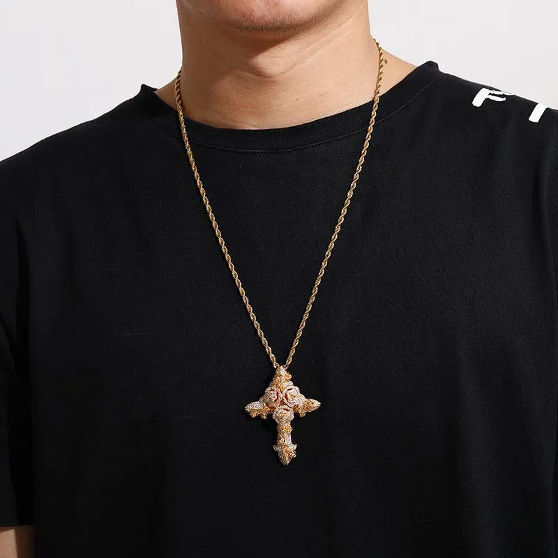 Iced Roses Cross Pendant