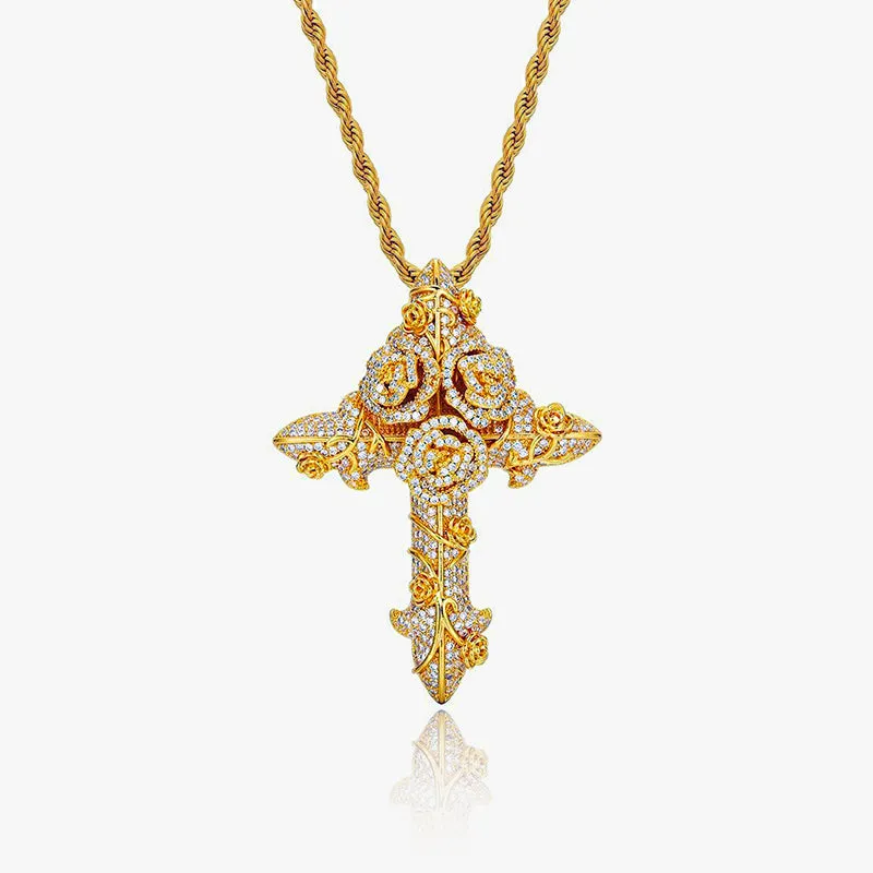 Iced Roses Cross Pendant