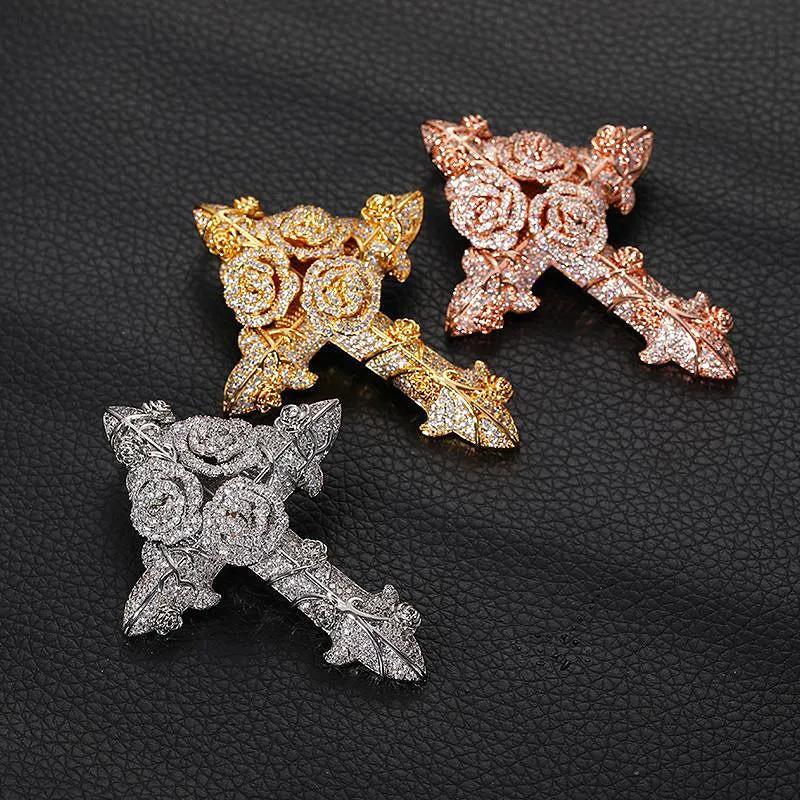 Iced Roses Cross Pendant