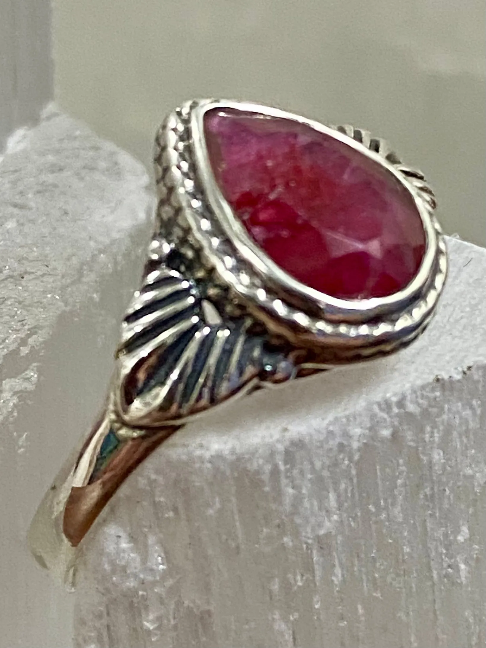 Indian Ruby Tear Drop Sterling Silver Ring