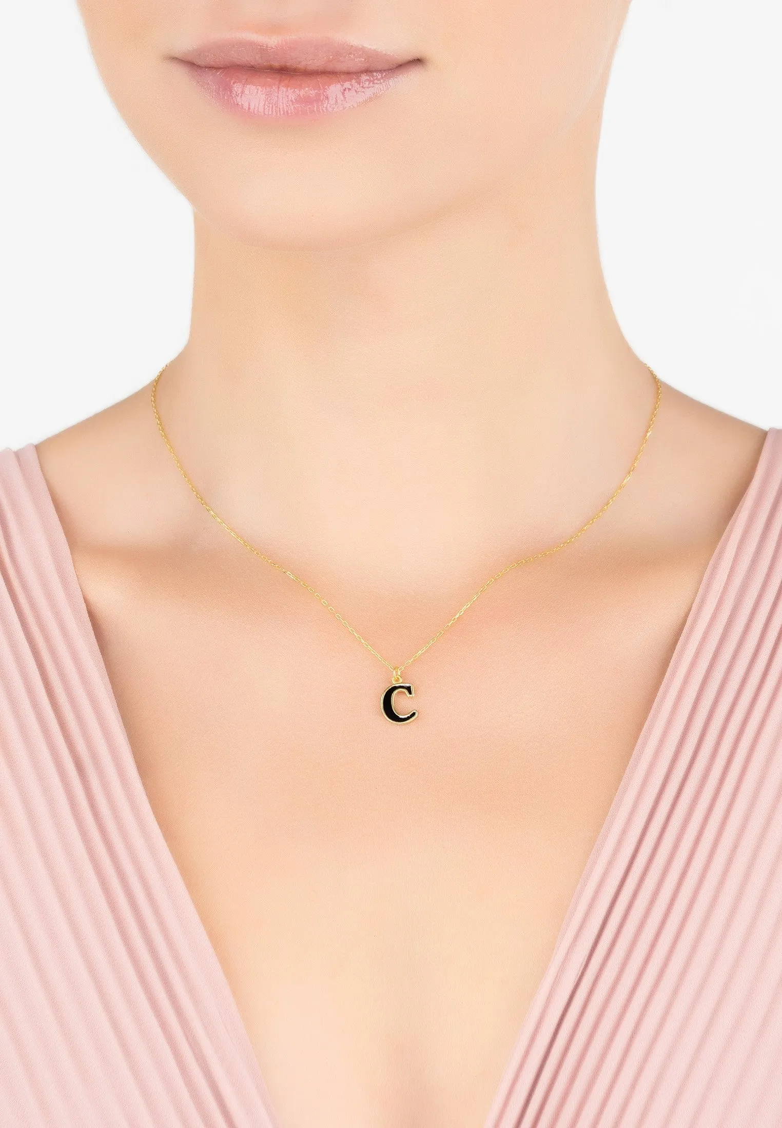 Initial Enamel Necklace Gold C