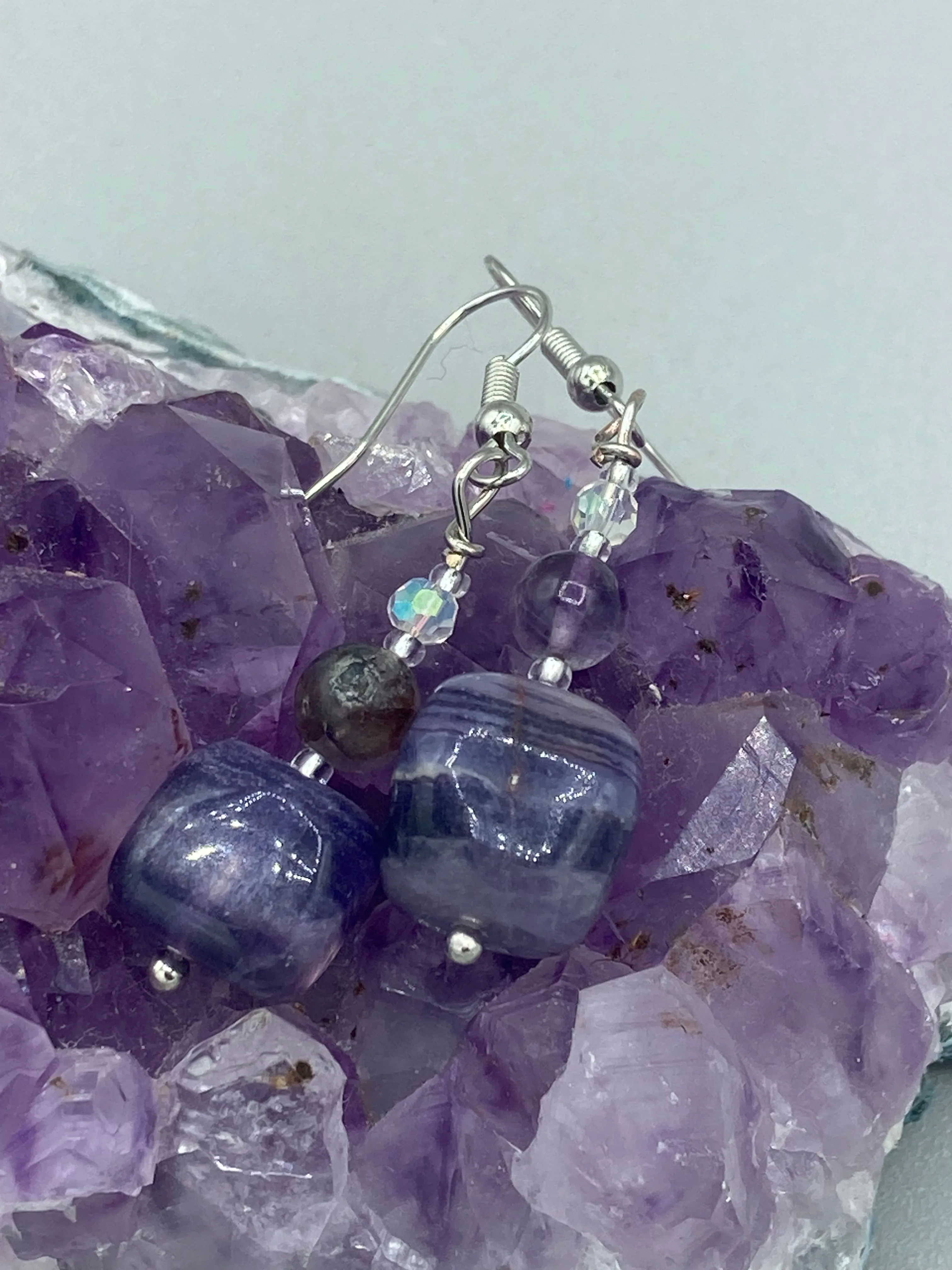 Large Trapezoid Shaped Amethyst Stone Pendants Multi-Color Glass Beaded Necklace, Hippie Lovers Genuine Stone, Bohemian