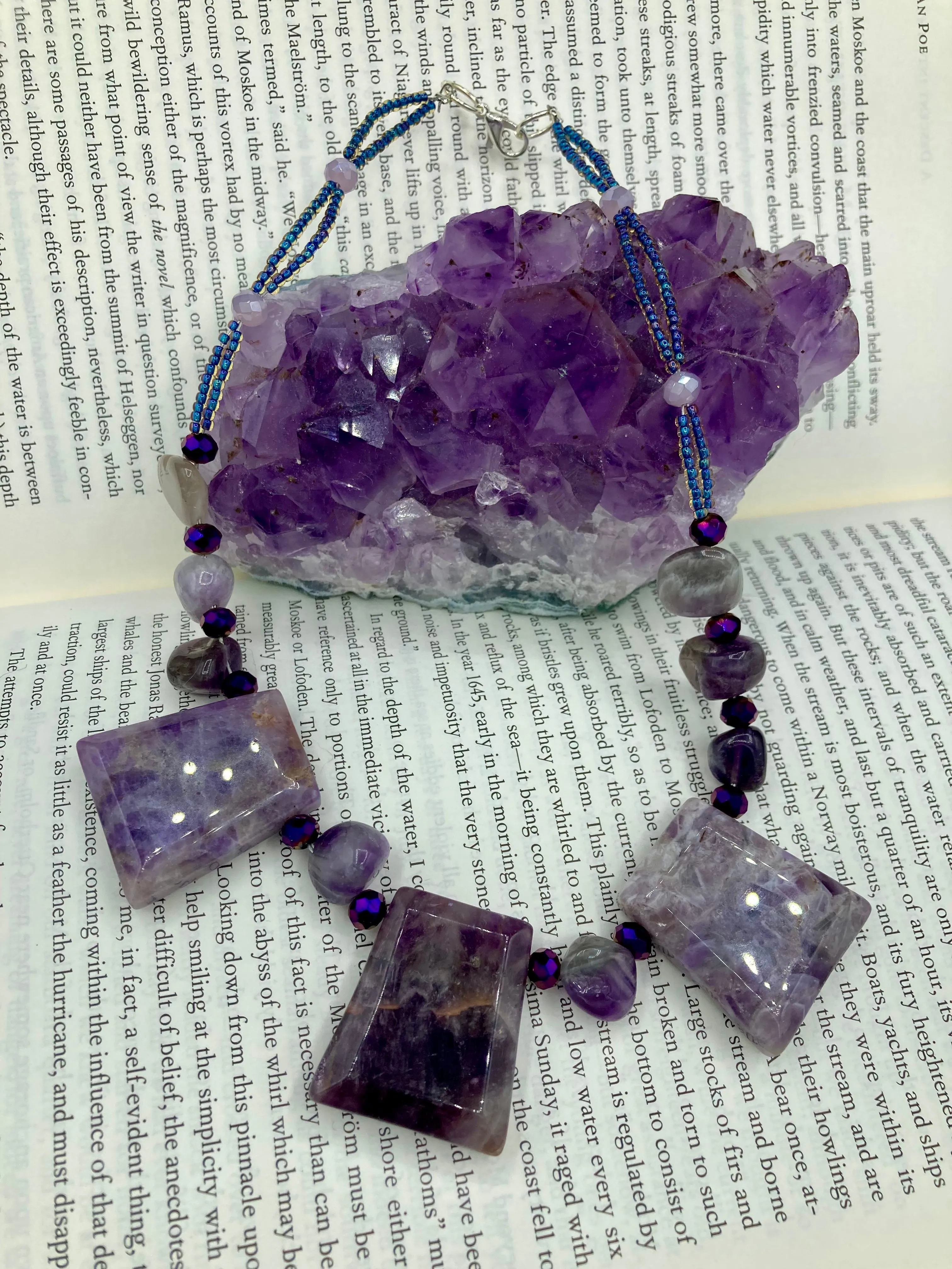 Large Trapezoid Shaped Amethyst Stone Pendants Multi-Color Glass Beaded Necklace, Hippie Lovers Genuine Stone, Bohemian