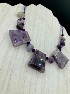 Large Trapezoid Shaped Amethyst Stone Pendants Multi-Color Glass Beaded Necklace, Hippie Lovers Genuine Stone, Bohemian