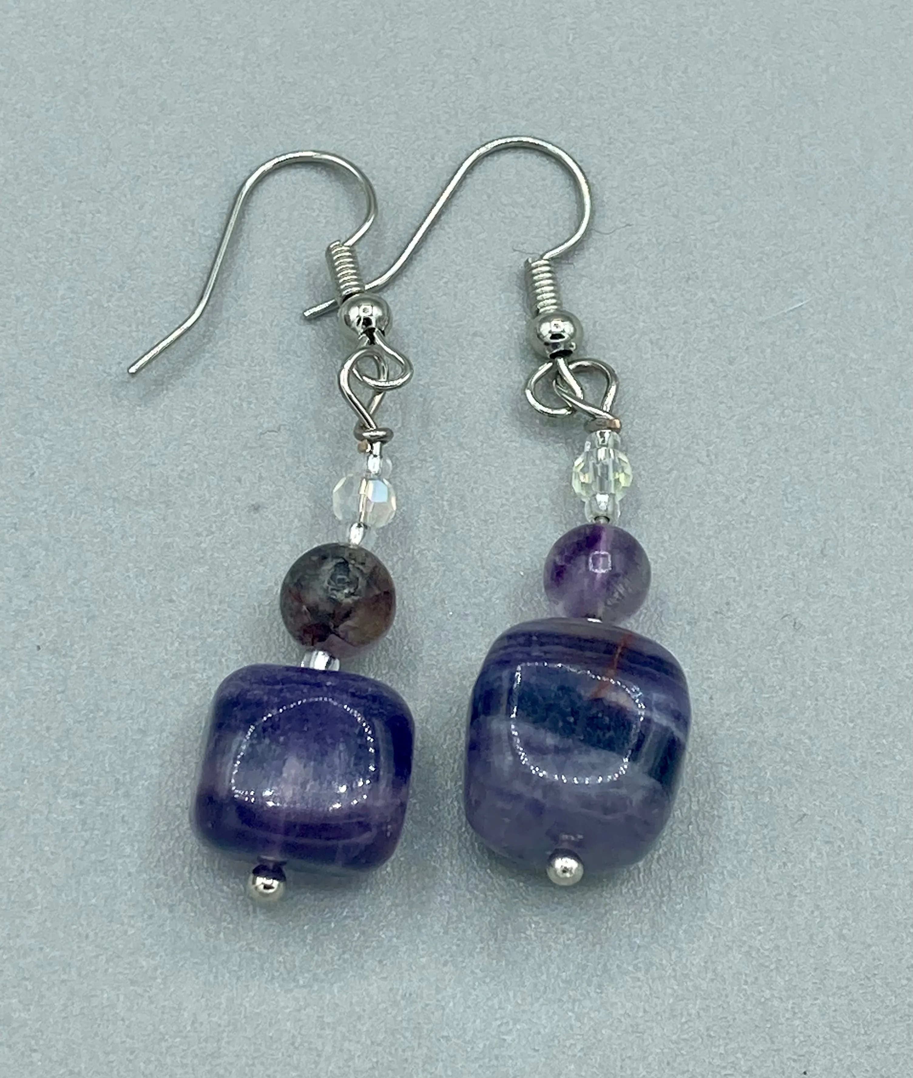 Large Trapezoid Shaped Amethyst Stone Pendants Multi-Color Glass Beaded Necklace, Hippie Lovers Genuine Stone, Bohemian