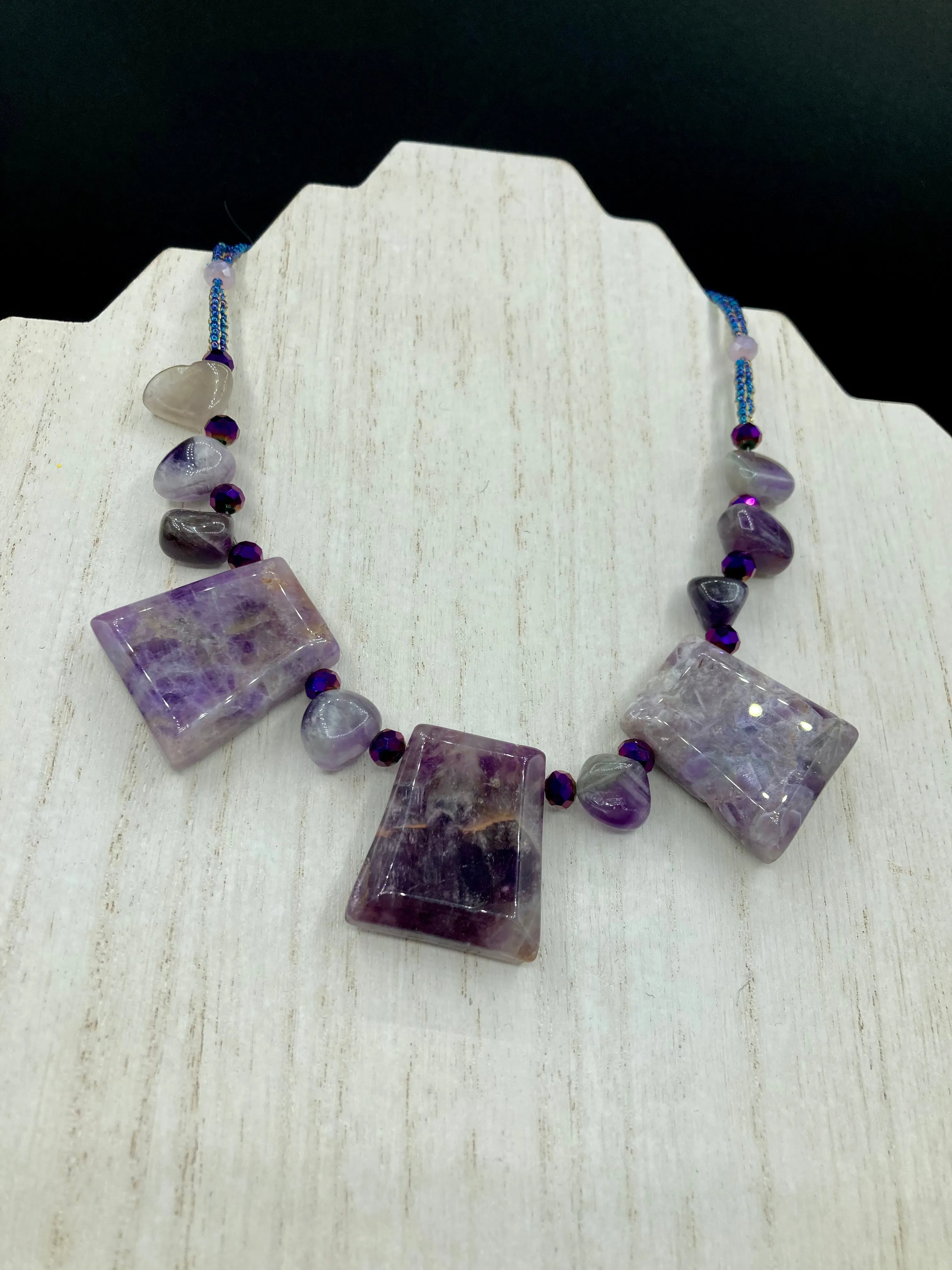 Large Trapezoid Shaped Amethyst Stone Pendants Multi-Color Glass Beaded Necklace, Hippie Lovers Genuine Stone, Bohemian