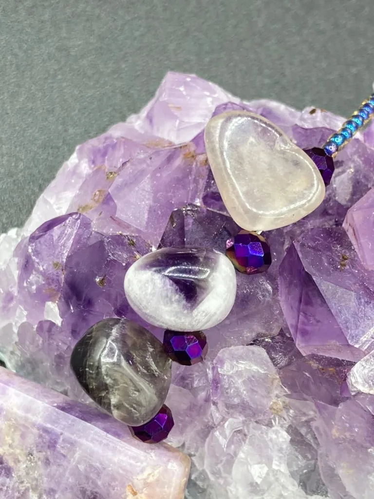 Large Trapezoid Shaped Amethyst Stone Pendants Multi-Color Glass Beaded Necklace, Hippie Lovers Genuine Stone, Bohemian