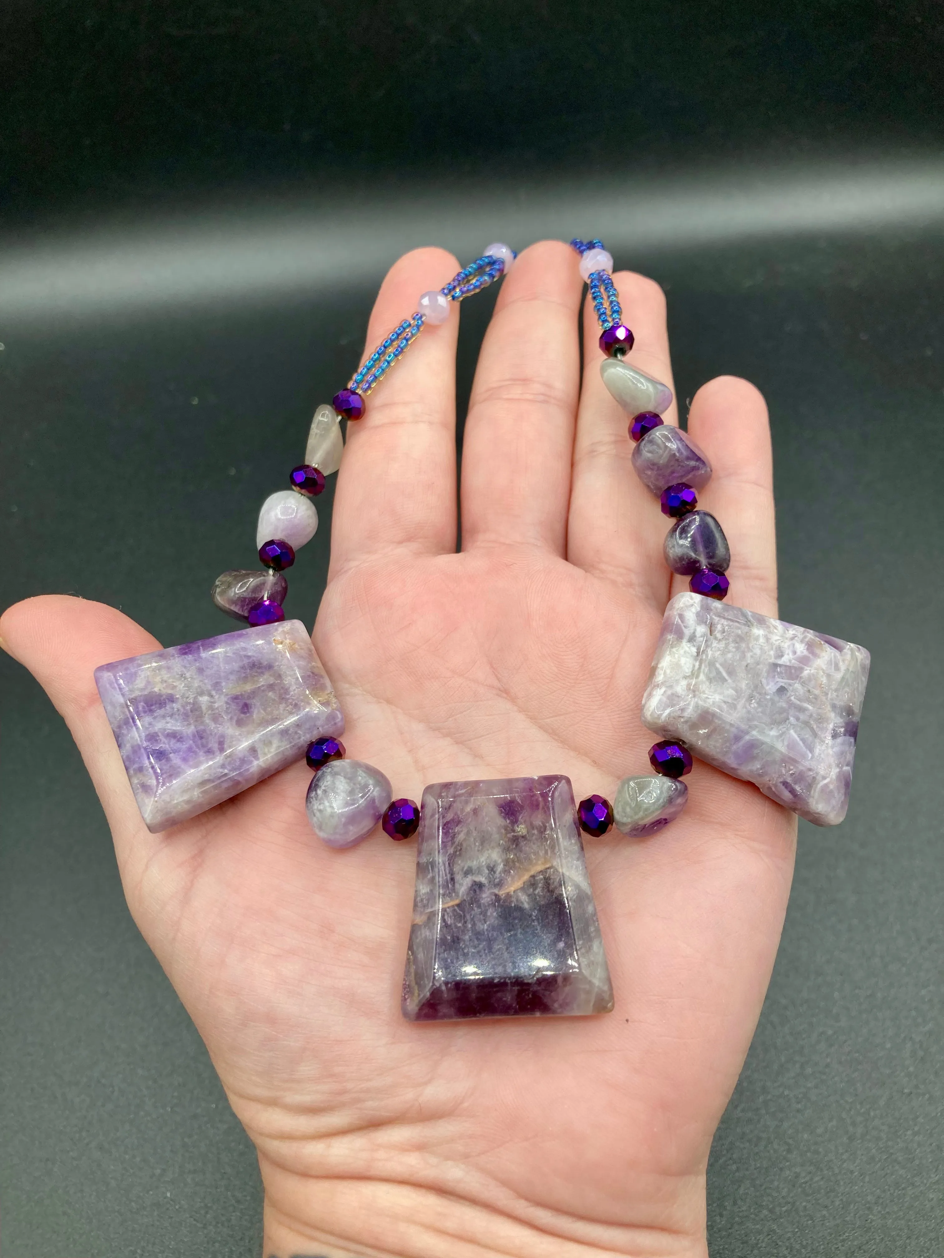 Large Trapezoid Shaped Amethyst Stone Pendants Multi-Color Glass Beaded Necklace, Hippie Lovers Genuine Stone, Bohemian