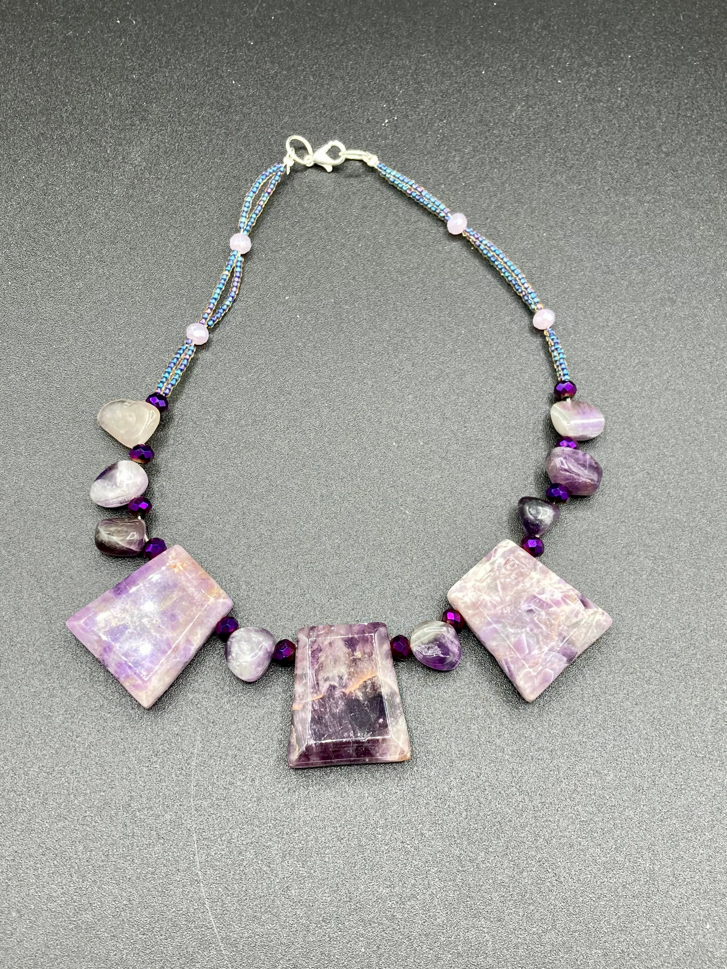 Large Trapezoid Shaped Amethyst Stone Pendants Multi-Color Glass Beaded Necklace, Hippie Lovers Genuine Stone, Bohemian