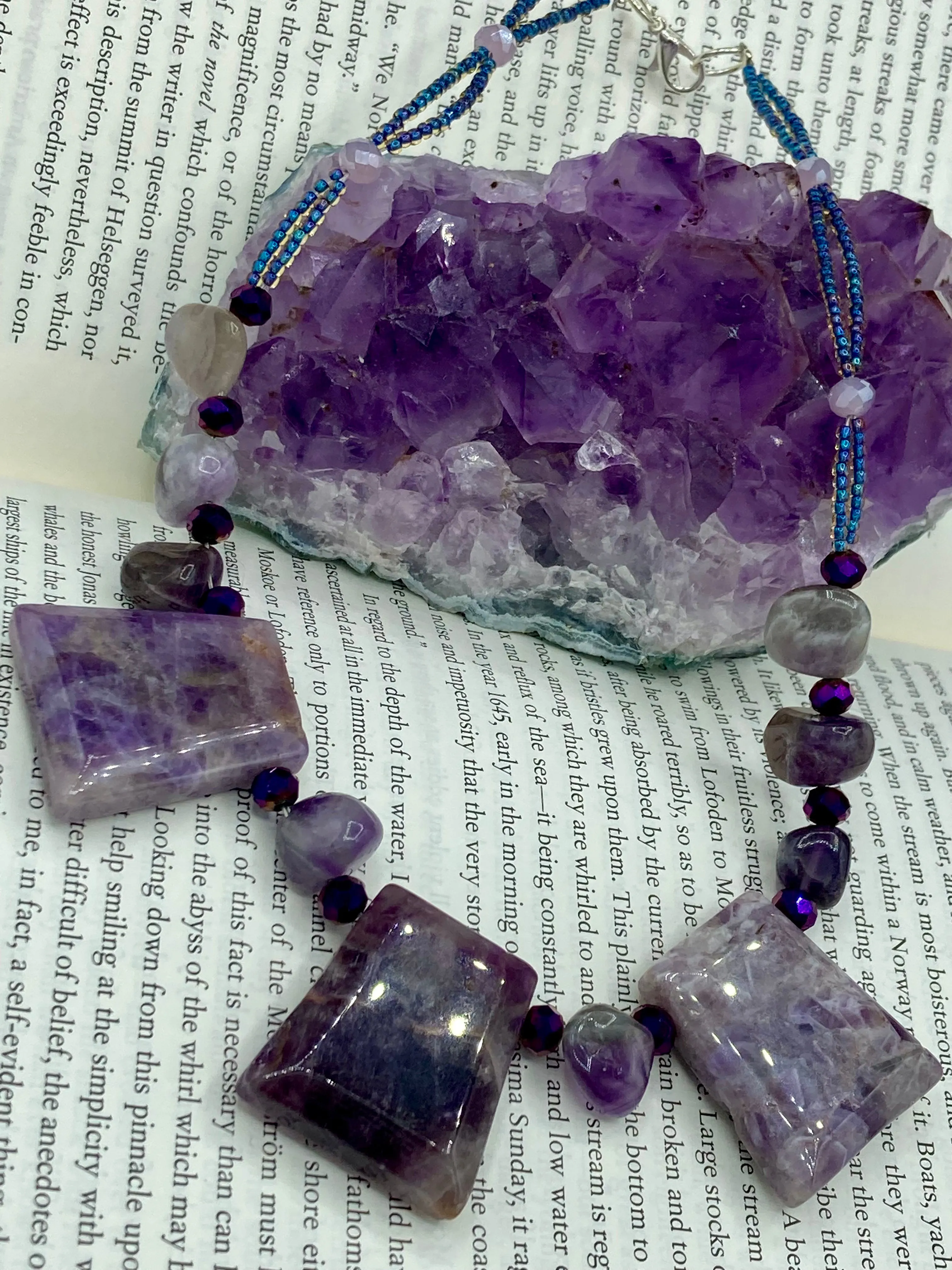 Large Trapezoid Shaped Amethyst Stone Pendants Multi-Color Glass Beaded Necklace, Hippie Lovers Genuine Stone, Bohemian