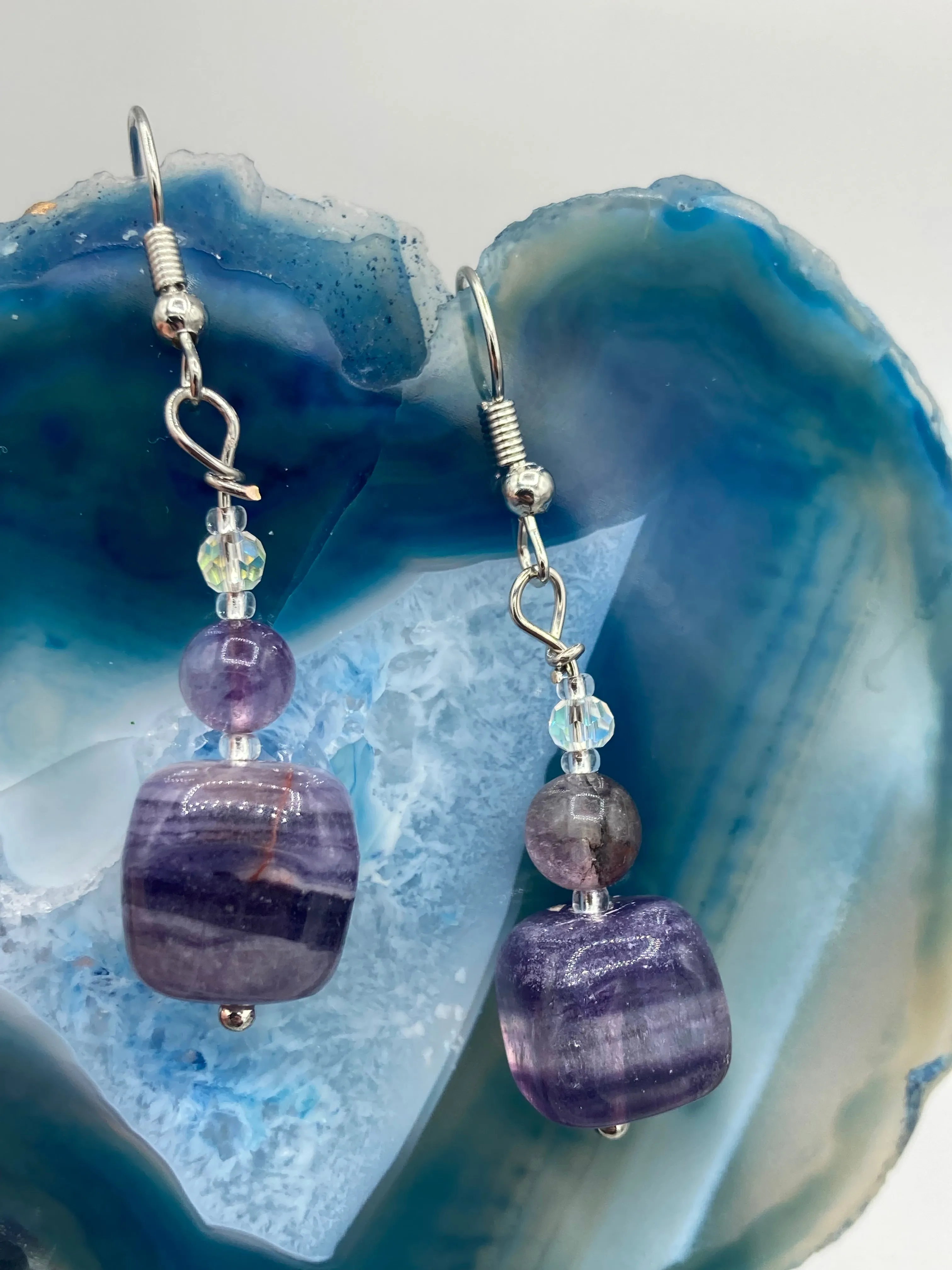 Large Trapezoid Shaped Amethyst Stone Pendants Multi-Color Glass Beaded Necklace, Hippie Lovers Genuine Stone, Bohemian