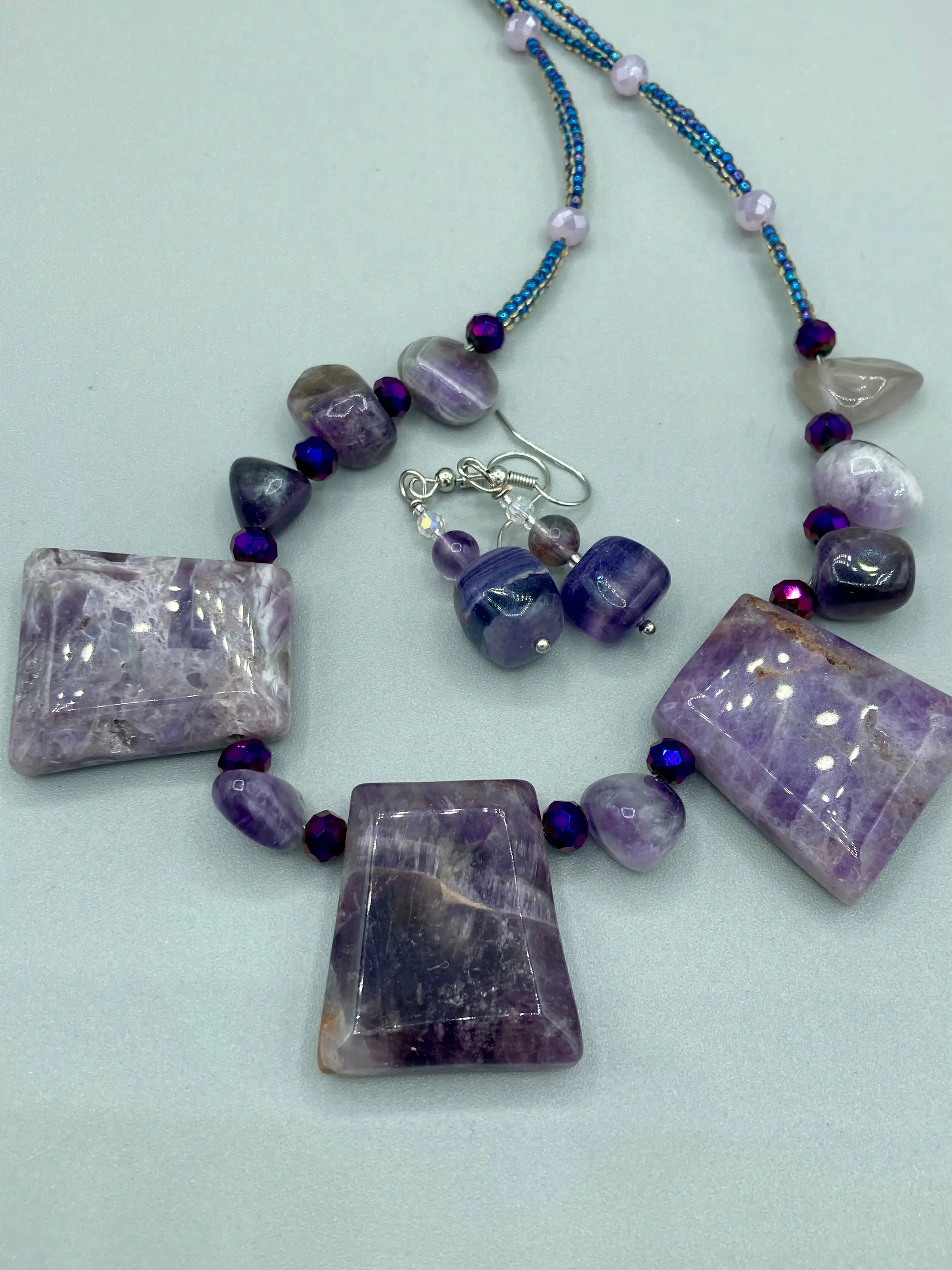 Large Trapezoid Shaped Amethyst Stone Pendants Multi-Color Glass Beaded Necklace, Hippie Lovers Genuine Stone, Bohemian