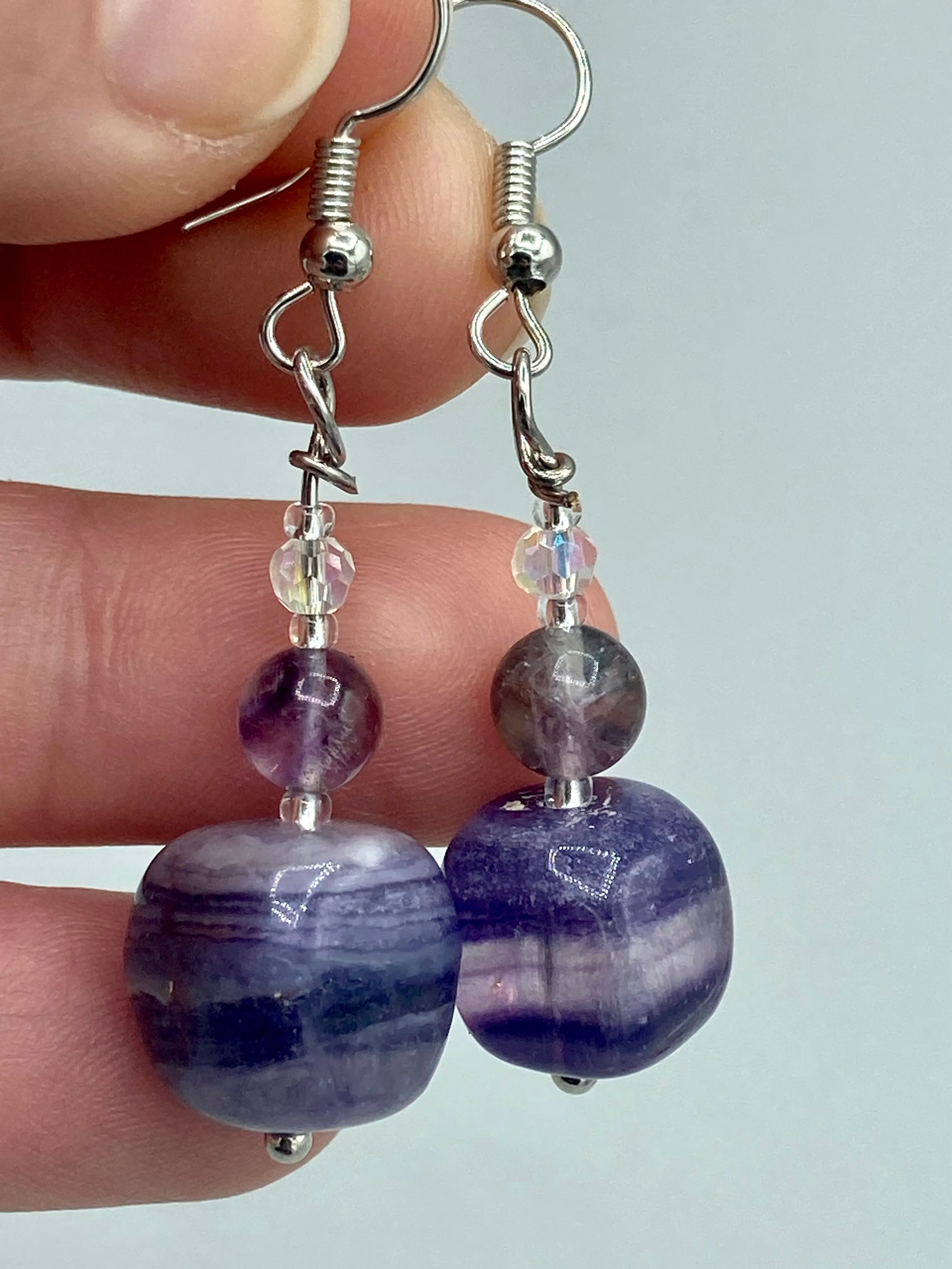 Large Trapezoid Shaped Amethyst Stone Pendants Multi-Color Glass Beaded Necklace, Hippie Lovers Genuine Stone, Bohemian