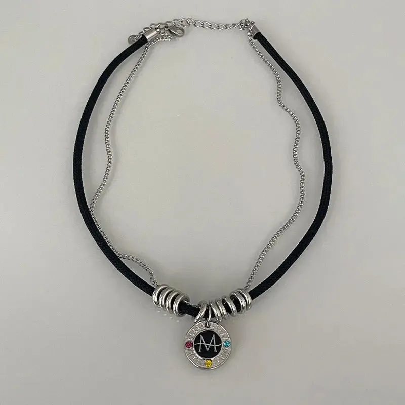 LOVCIA Dual Cord & Chain Titanium Steel Letter Pendant Necklace for Women - Adorned with Vibrant Crystals