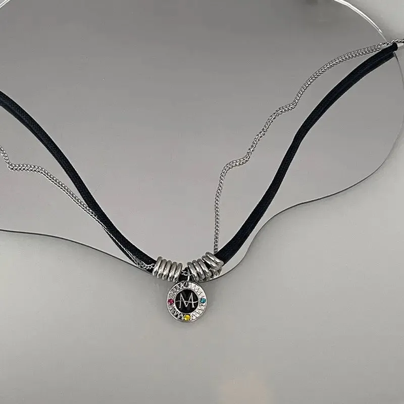 LOVCIA Dual Cord & Chain Titanium Steel Letter Pendant Necklace for Women - Adorned with Vibrant Crystals