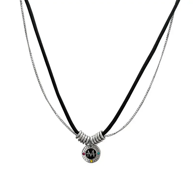 LOVCIA Dual Cord & Chain Titanium Steel Letter Pendant Necklace for Women - Adorned with Vibrant Crystals