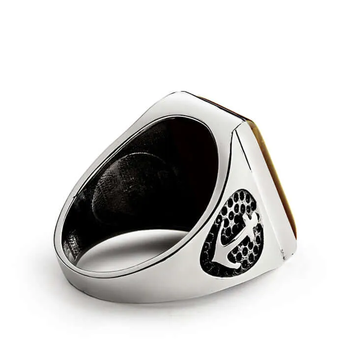 Men's Anchor Ring in 925 Sterling Silver with Natural Stone