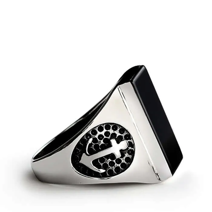 Men's Anchor Ring in 925 Sterling Silver with Natural Stone