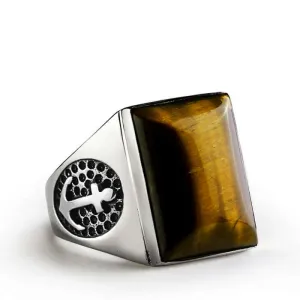 Men's Anchor Ring in 925 Sterling Silver with Natural Stone