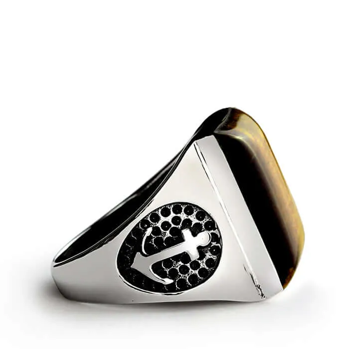 Men's Anchor Ring in 925 Sterling Silver with Natural Stone