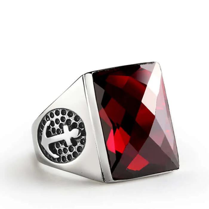 Men's Anchor Ring in 925 Sterling Silver with Natural Stone