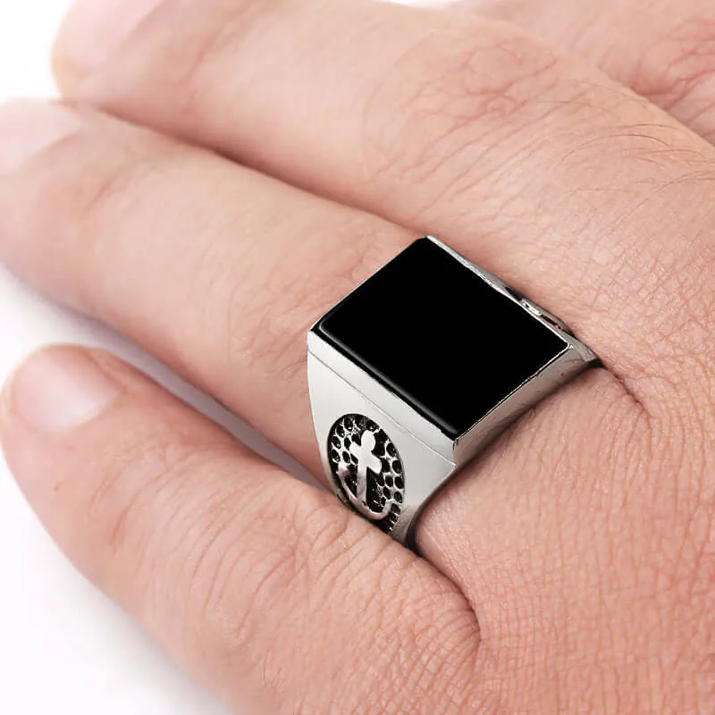 Men's Anchor Ring in 925 Sterling Silver with Natural Stone