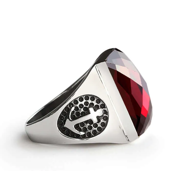 Men's Anchor Ring in 925 Sterling Silver with Natural Stone