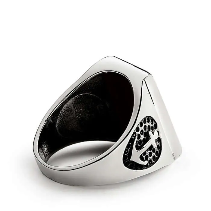 Men's Anchor Ring in 925 Sterling Silver with Natural Stone
