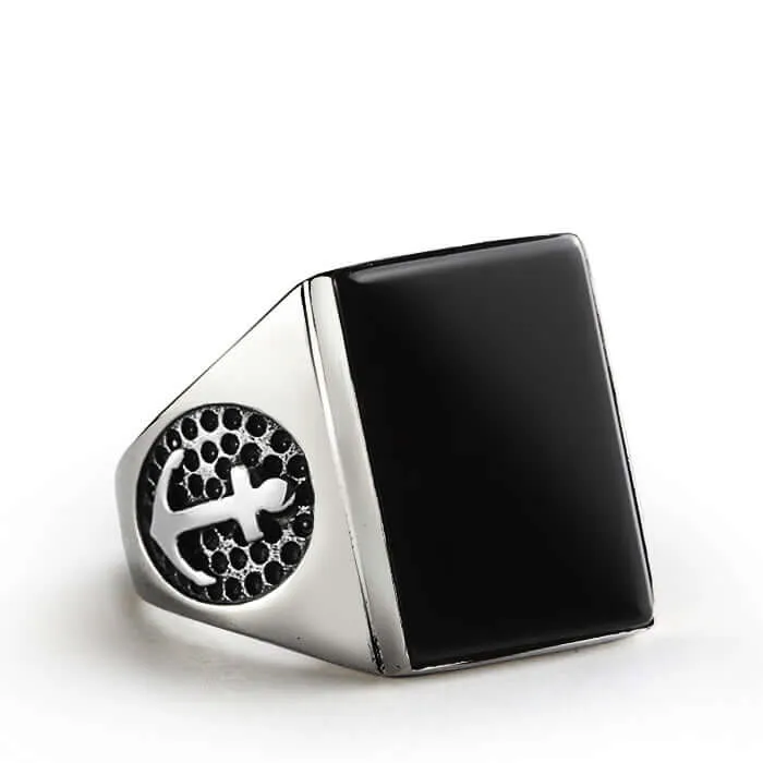 Men's Anchor Ring in 925 Sterling Silver with Natural Stone