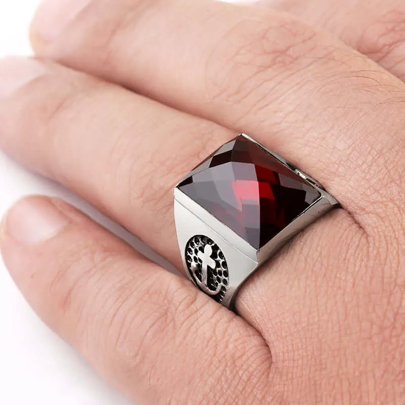 Men's Anchor Ring in 925 Sterling Silver with Natural Stone