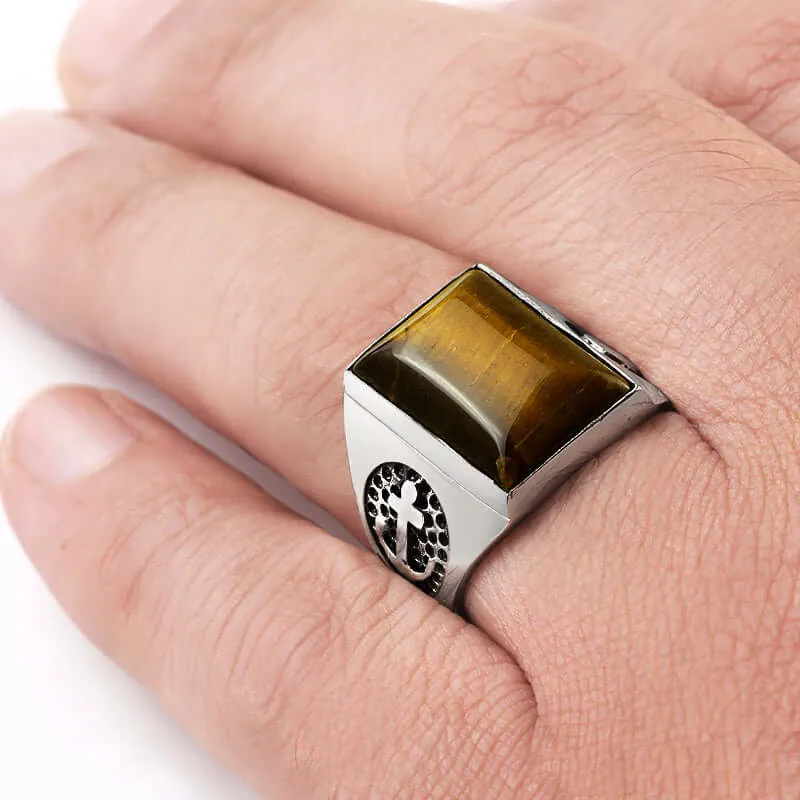 Men's Anchor Ring in 925 Sterling Silver with Natural Stone