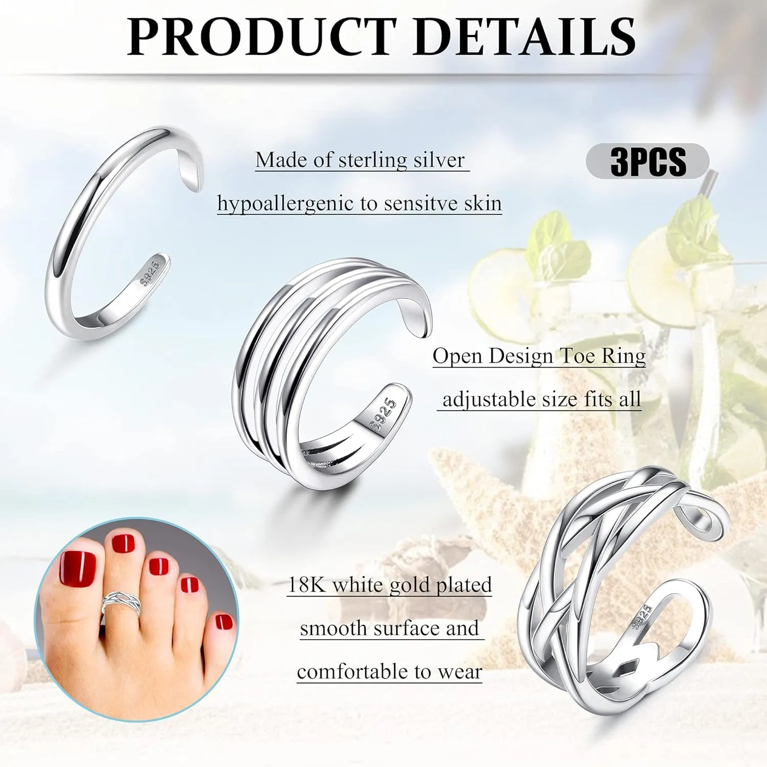 MILACOLATO 3Pcs Sterling Silver Toe Rings for Women 18K White Gold Plated Turquoise CZ Wrap Cuff Simple Band Toe Rings Hypoallergenic Adjustable Toe Rings Summer Beach Foot Jewelry Set