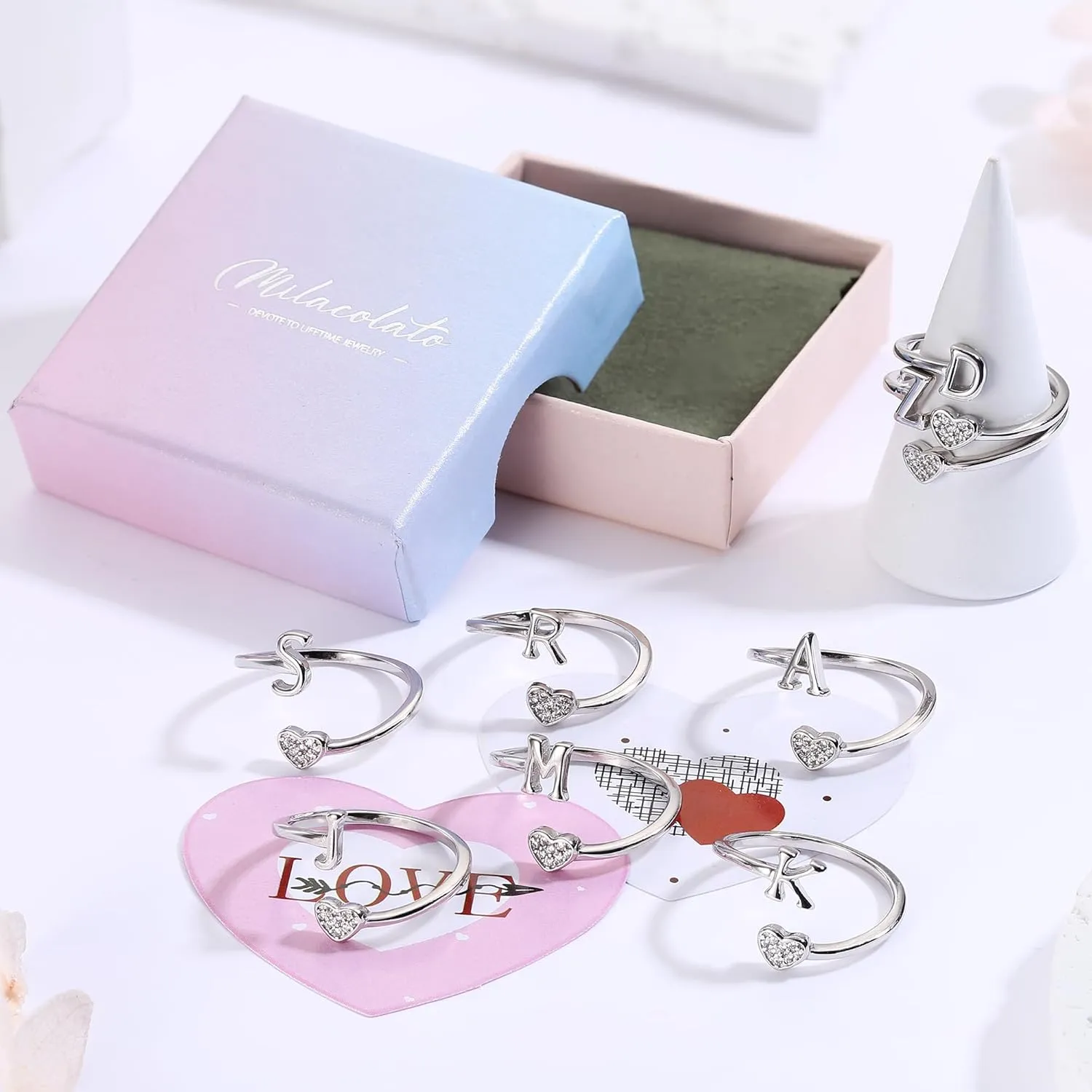 MILACOLATO 925 Sterling Silver Initial Rings for Women Teen Girl 18K Gold Plated Heart Letter Rings Adjustable Capital Letter Ring Stackable Thumb Pinky Rings for Mothers Daughter Birthday Bridesmaid Gifts Jewelry