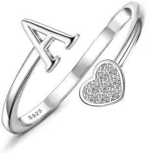 MILACOLATO 925 Sterling Silver Initial Rings for Women Teen Girl 18K Gold Plated Heart Letter Rings Adjustable Capital Letter Ring Stackable Thumb Pinky Rings for Mothers Daughter Birthday Bridesmaid Gifts Jewelry