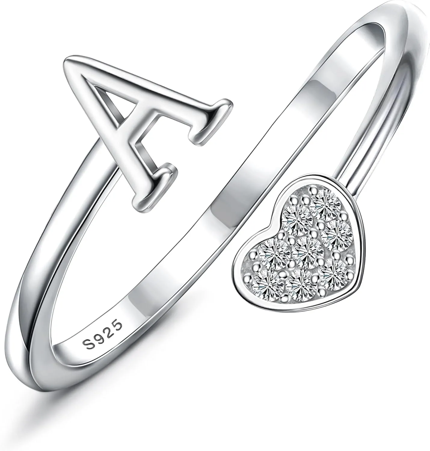 MILACOLATO 925 Sterling Silver Initial Rings for Women Teen Girl 18K Gold Plated Heart Letter Rings Adjustable Capital Letter Ring Stackable Thumb Pinky Rings for Mothers Daughter Birthday Bridesmaid Gifts Jewelry