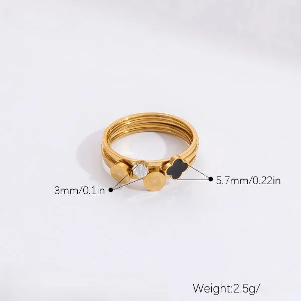 Multi Layer Double Floral Black Enamel Gold Ring JLTR0430