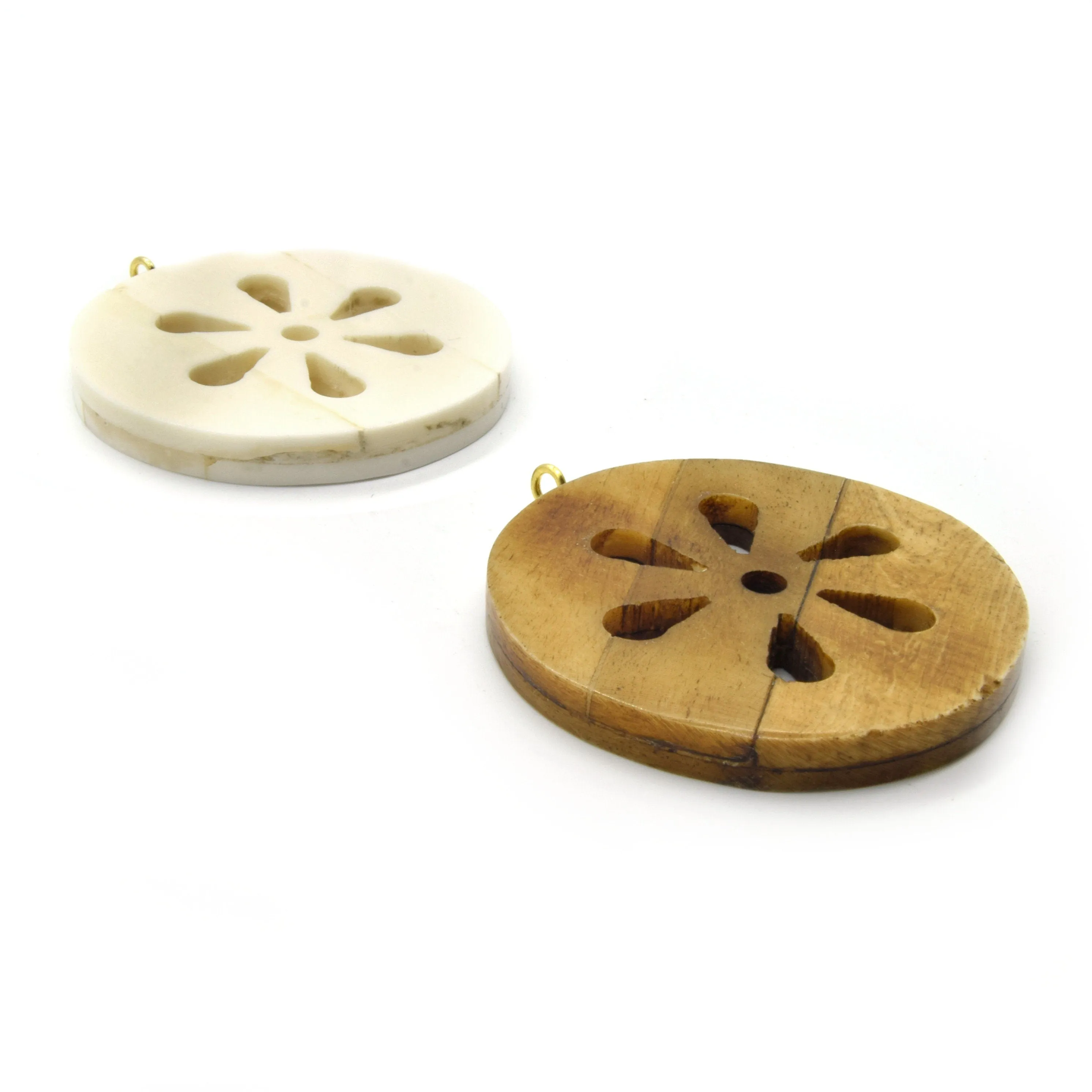 Ox Bone Circle Cutout Shaped Focal Pendant with Gold Bail - White & Brown available
